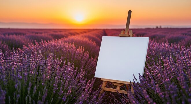 An aesthetic image of a blank canvas on an easel, set in a beautiful field of lavender flowers under a golden hour sunset.