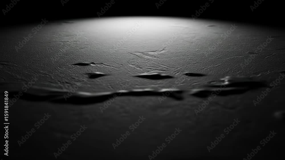 Poster surface texture: a dark textured plane gleams subtly with moisture droplets under low-key light, hig