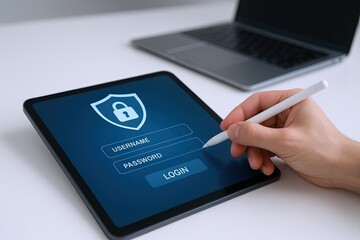Modern digital security concept with tablet and laptop showing online login protection.