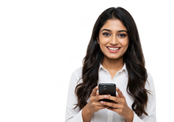 A young indian woman in a white shirt smiles confidently while holding a smartphone, isolated on a transparent background