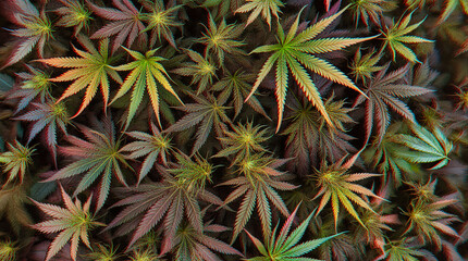 Vibrant cannabis plants fill the view, exhibiting shades of green, red and purple with a unique artistic effect perfect for backgrounds and textures.