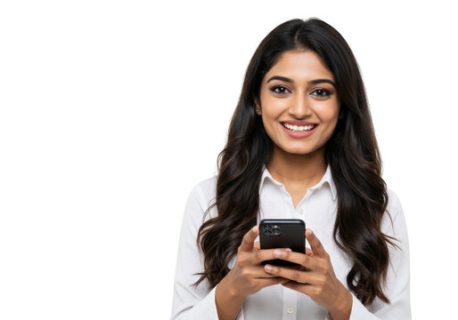 A young indian woman in a white shirt smiles confidently while holding a smartphone, isolated on a transparent background