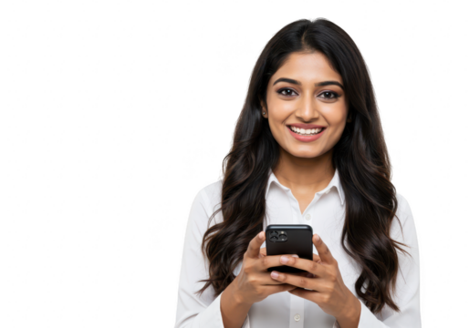 A young indian woman in a white shirt smiles confidently while holding a smartphone, isolated on a transparent background