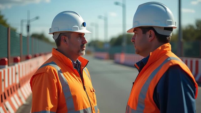 High resolution stock photo showcasing meticulous oversight of road construction safety through engineered barriers professional traffic management and safety uniforms. in  Photo Stock  Concept  and e