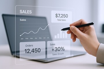 Businessperson analyzing sales data on digital tablet with charts and growth metrics.