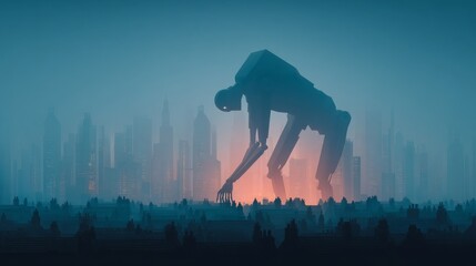 Giant robotic figure over a glowing city, a futuristic landscape with an imposing machine, a scene of science fiction