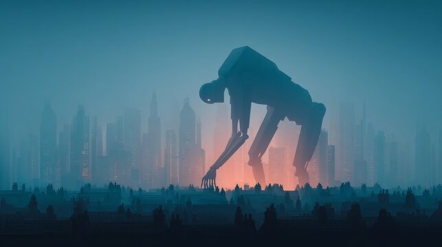 Giant robotic figure over a glowing city, a futuristic landscape with an imposing machine, a scene of science fiction
