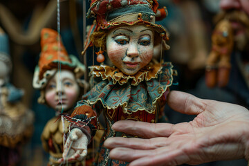 Fototapeta premium Children watching colorful puppet theater performance with traditional handcrafted toys generative AI