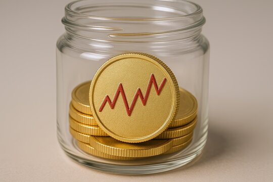 Clear glass jar filled with gold coins and a coin featuring a red financial graph. - Powered by Adobe