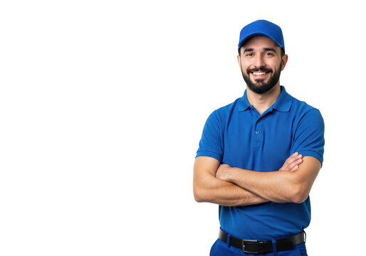 A smiling delivery man in a blue uniform with his arms crossed, isolated on a transparent background - Powered by Adobe