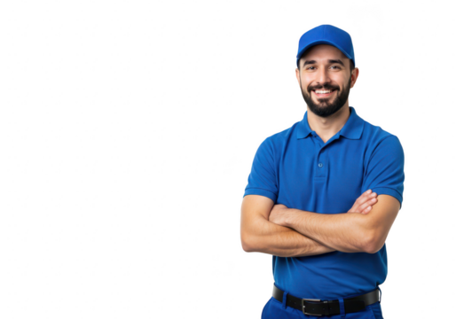 A smiling delivery man in a blue uniform with his arms crossed, isolated on a transparent background