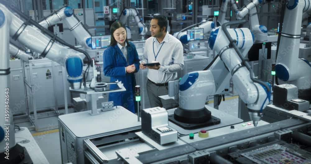 Poster engineer and technician having a discussion and using a tablet computer. indian male and japanese fe