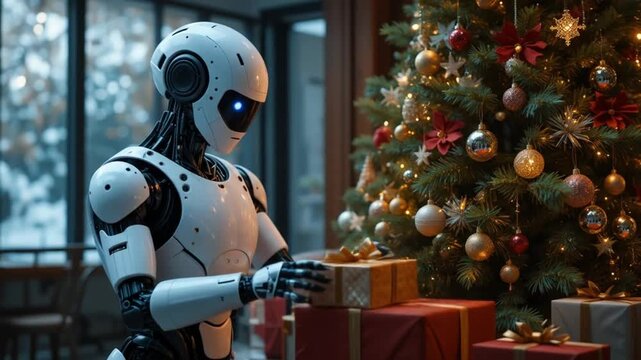 A humanoid robot wraps Christmas presents near a decorated tree, symbolizing futuristic holiday assistance. 4k video