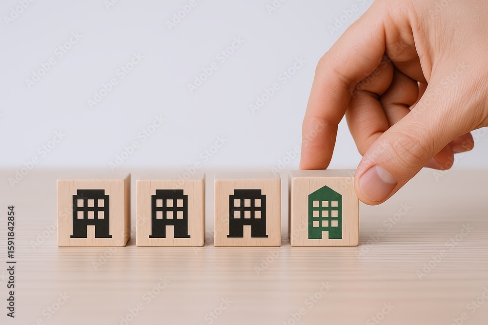 Poster hand arranging small wooden blocks with building icons in a row on a wooden surface.