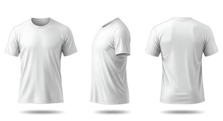Naklejka premium Three views of a blank white tshirt front, side, and back, isolated on white