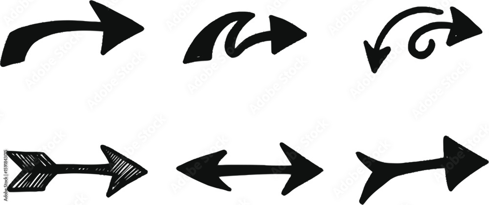 Poster vector art of set of simple handdrawn black arrows pointing in various directions isolated on transp