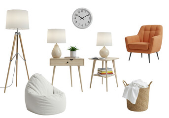 A collection of modern furniture and decor items arranged on a plain transparent background