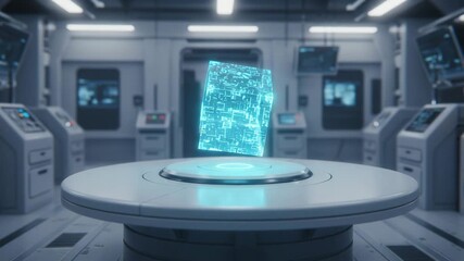 Table in futuristic lab with glowing digital cube hovering above surface - Powered by Adobe