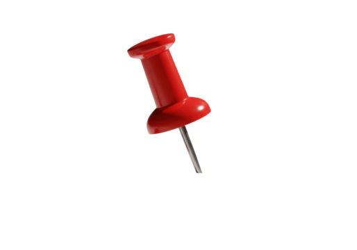 Vibrant red pushpin with glossy round head and sharp metallic point firmly pushed into a transparent surface, strong light casting an elongated shadow, high-angle macro studio shot, concept of