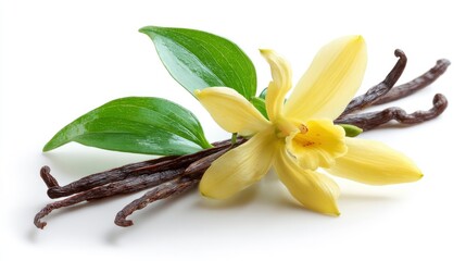 Artistic still life featuring vanilla flower, pods and leaves on white background evokes elegance