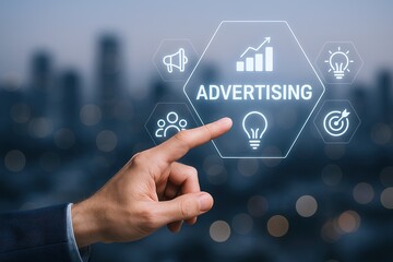 Modern digital marketing and advertising technology with business icons and social media symbols on futuristic transparent interface.