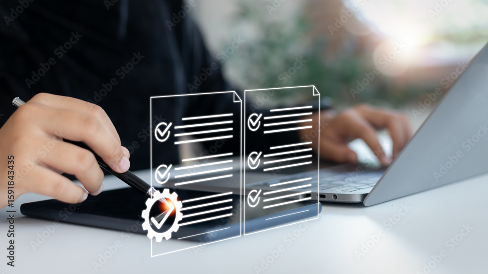 Poster hand using digital tablet with checklist and gear icons, symbolizing task management, business proce