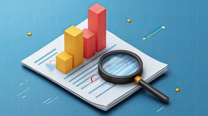 A magnifying glass on business documents with graph bars shows a financial performance review.