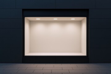 Modern empty display showcase with minimalist design and clean interior lighting.
