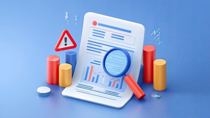 Stylized data analysis scene showing a document, graphs, magnifying glass, and warning sign.