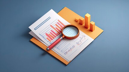 Isometric view featuring data charts, graphs, and magnifying glass for thorough analysis on a desk.