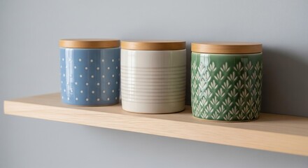Three different small, ceramic spice jars with wooden lids, neatly lined up on a shelf against a clean, light-colored wall.