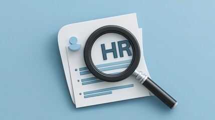 Illustrative rendering of a magnifying glass focused on HR letters atop personnel documents on blue.