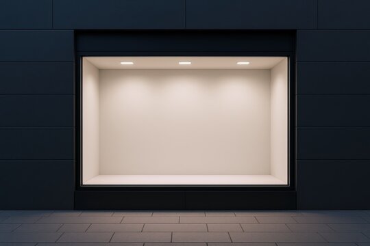 Modern empty display showcase with minimalist design and clean interior lighting.