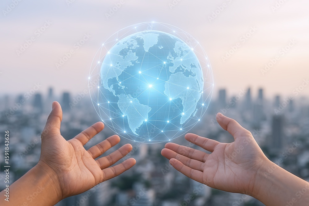 Poster hands holding a digital globe with connected network lines and a cityscape background.