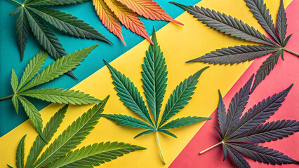 Vibrant cannabis leaves present a spectrum of colors on a bold, striped background creating a striking and contemporary botanical composition.