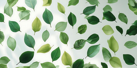 Scattered green leaves on bright white surface
