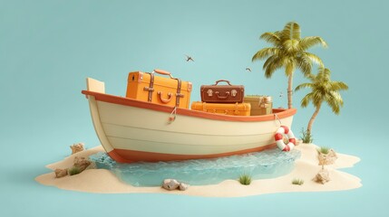 A whimsical boat filled with vintage suitcases rests on a sandy beach, under a serene blue sky.