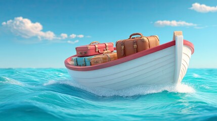 A charming boat carrying vintage suitcases, set against a serene sea and a clear sky backdrop.