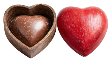 Big chocolate heart in a box and a red wooden heart isolated on a white background