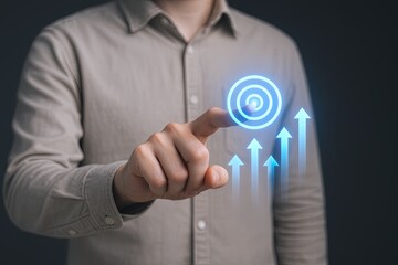 Businessman touching futuristic glowing digital interface with upward arrows in office.