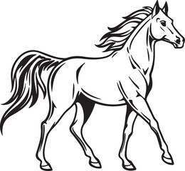 Obraz premium A black and white illustration of a horse set against a stark white backdrop, emphasizing its silhouette