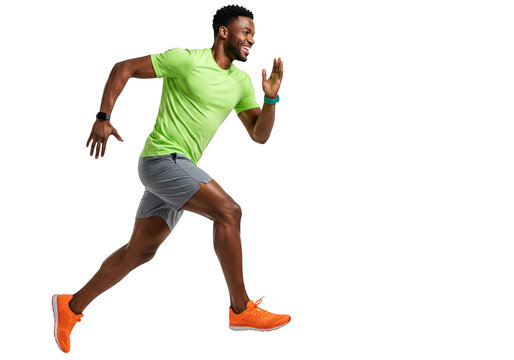 A fit black man in athletic wear runs energetically, captured in motion against a transparent background