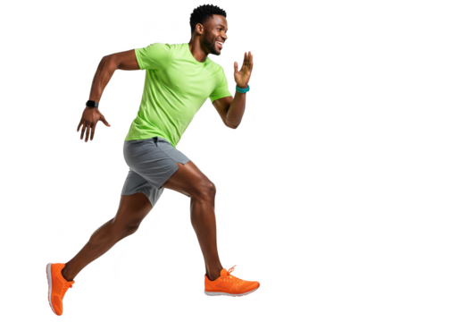 A fit black man in athletic wear runs energetically, captured in motion against a transparent background - Powered by Adobe