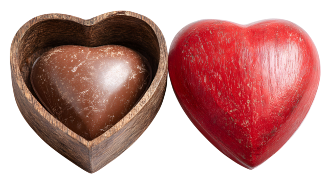 Big chocolate heart in a box and a red wooden heart isolated on a white background