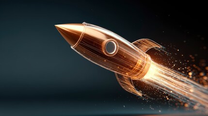 A golden rocket launching into space, rendered with intricate lines and glowing trails of light.