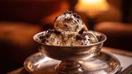Appetizing ice cream in elegant bowl, topped with cookie crumbs, evokes a delicious dessert mood.