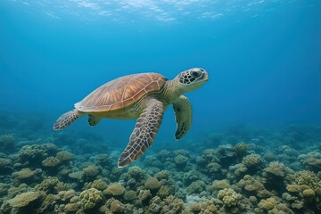 Obraz premium Majestic sea turtle swimming gracefully above vibrant coral reef ocean floor.
