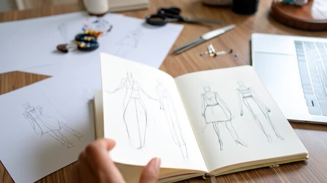 Fashion design sketching with a laptop, pins, scissors, notebook on wood