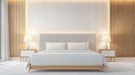 Modern bedroom interior design with light wooden furniture.