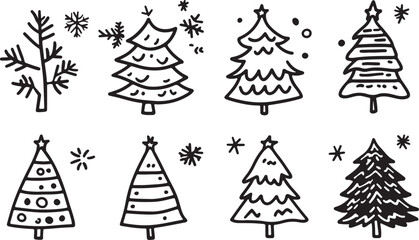 Seamless Pattern of Doodle Christmas Trees and Snowflakes in Black and White